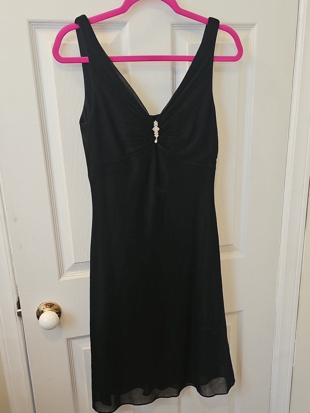 Onyx Nite Black V-Neck Sleeveless Midi Dress with Rhinestone Detail